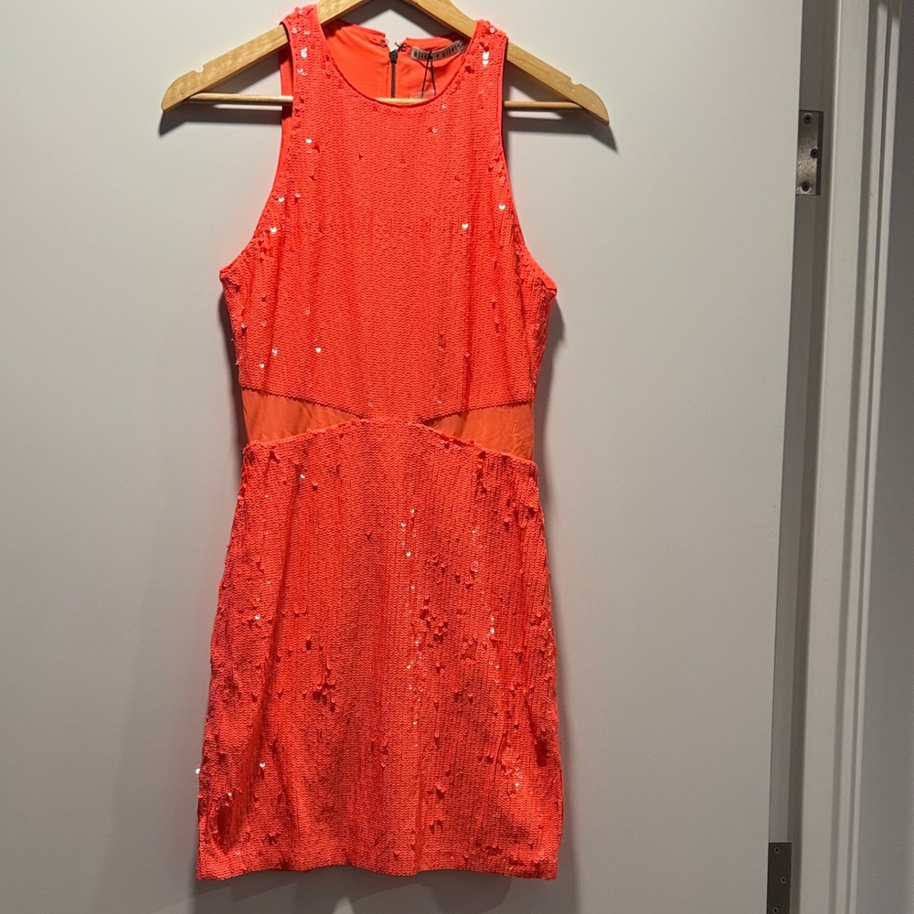 Alice + Olivia Neon Coral / Orange sequin Sleeveless Dress